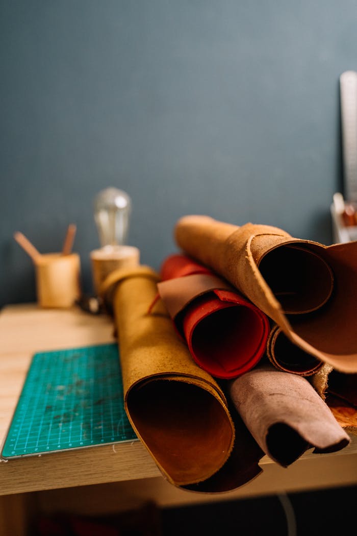 Mastering the First Impression: Your intriguing post title goes here A stack of colorful leather rolls on a wooden desk in a craft studio.